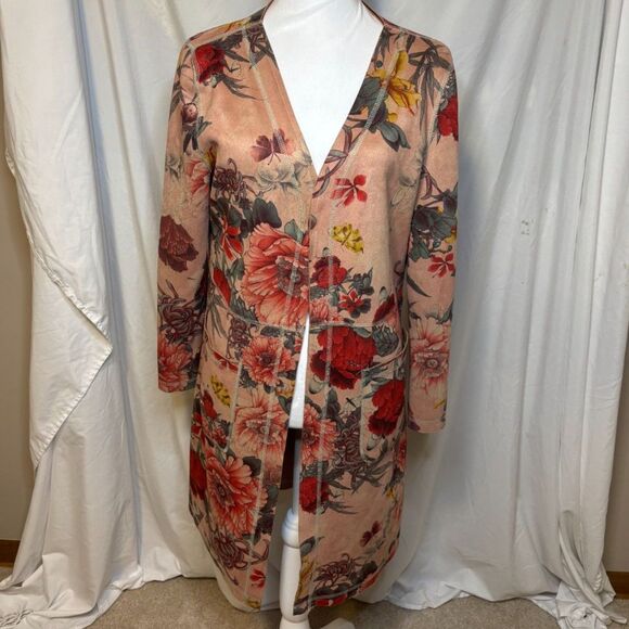 Solitaire Anthropologie Floral Faux Suede Open Front Jacket Stylish Womens - Picture 1 of 9